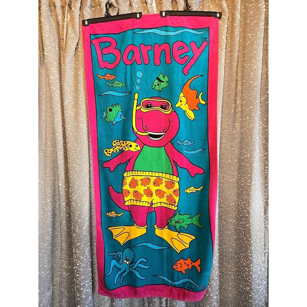 Vintage 1992 Barney Snorkel Swimming Beach Towel Vibrant Fish Ocean Lyons Group
